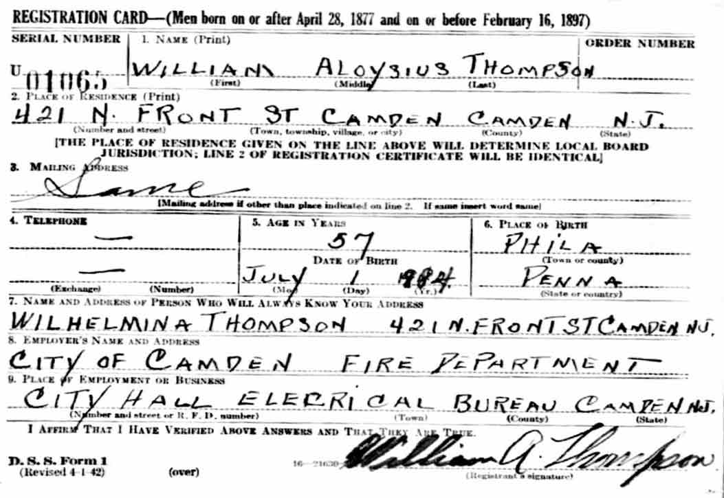 William Aloysius Thompson — World War II draft registration card, 1942