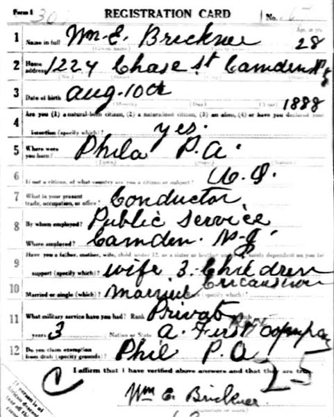 William E. Brickner World War I Draft Card, front