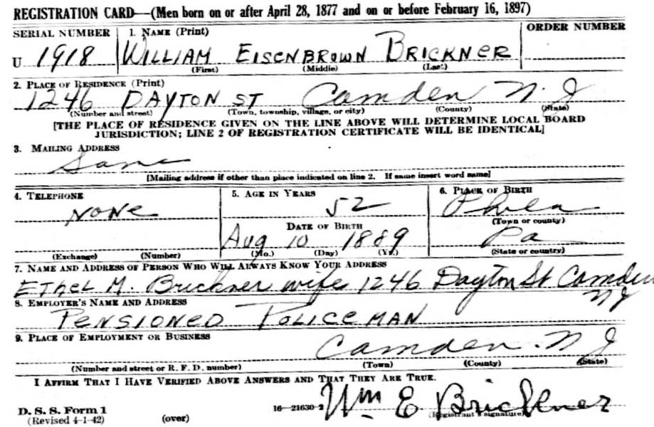 William E. Brickner World War II Draft Card