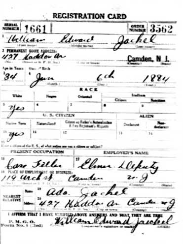 William E. Jaeckel World War I Draft Card, side 1