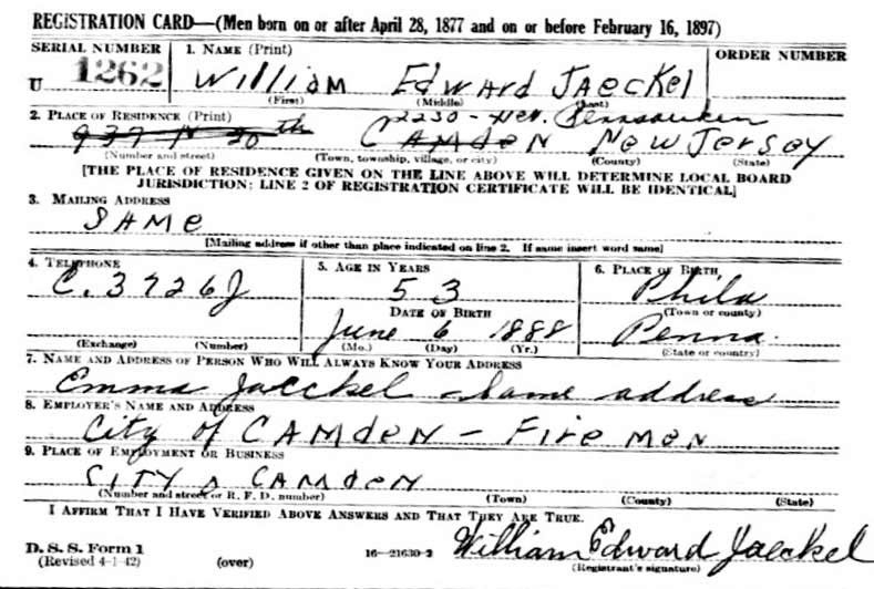 William E. Jaeckel World War II Draft Card