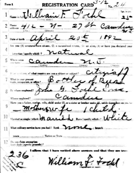 William F. Foehl Sr. — World War I draft card (front)