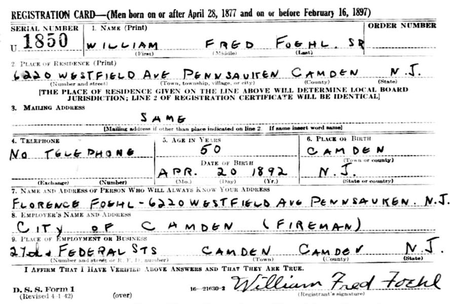 William F. Foehl Sr. — World War II draft card