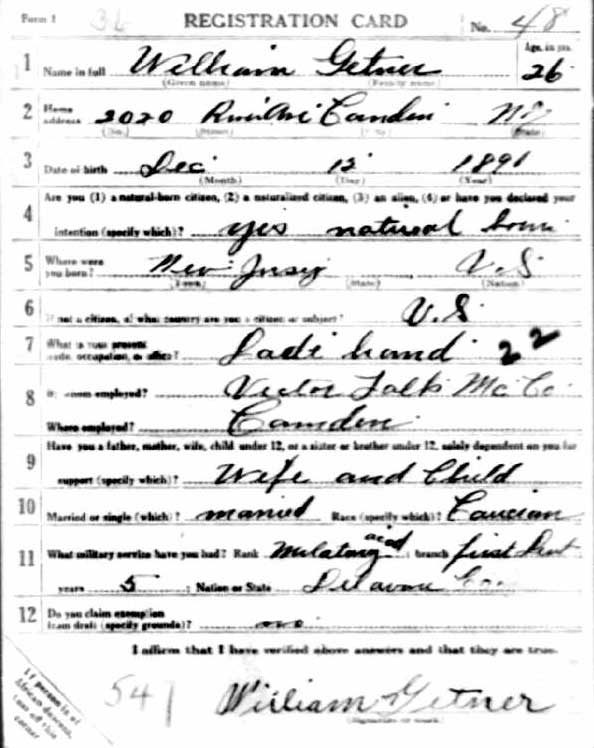 William Getner World War I Draft Card (front)