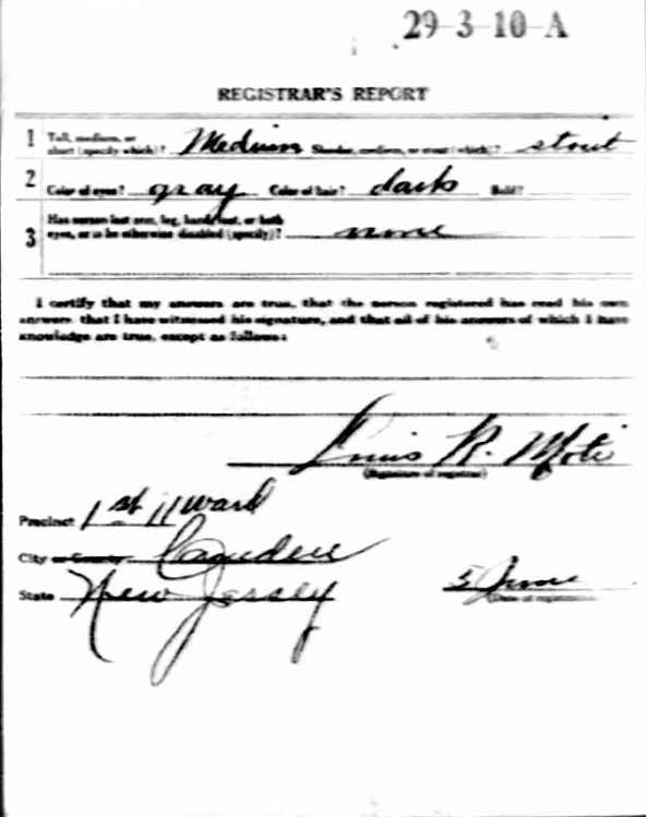 William Getner World War I Draft Card (back)