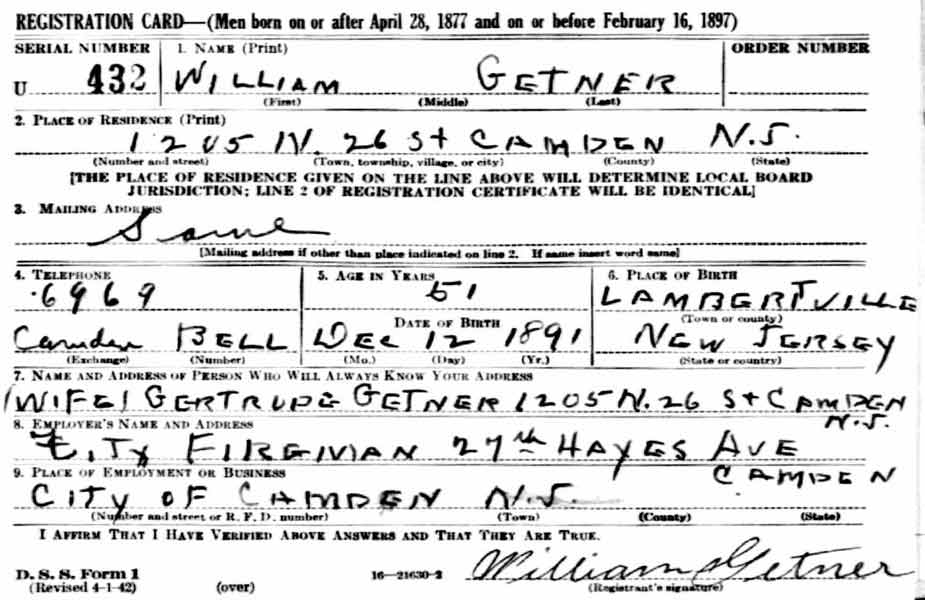 William Getner World War II Draft Card