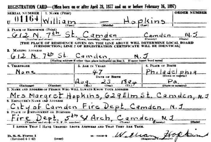 World War II draft registration card for William A. Hopkins