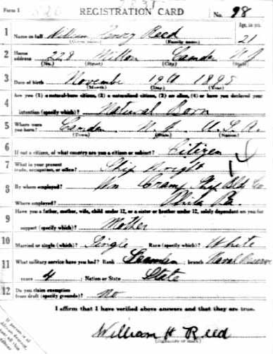 World War I draft registration card for William H. Reed, front, June 5, 1917