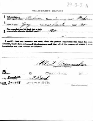 World War I draft registration card for William H. Reed, reverse, June 5, 1917