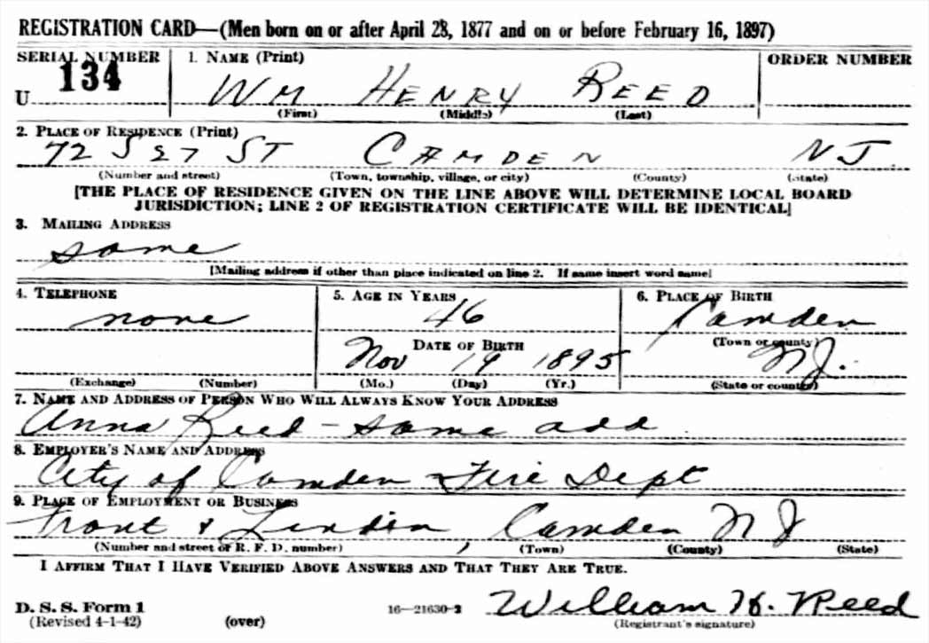 World War II draft registration card for William H. Reed
