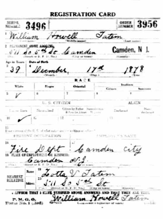 William Howell Tatem WWI draft registration card, front