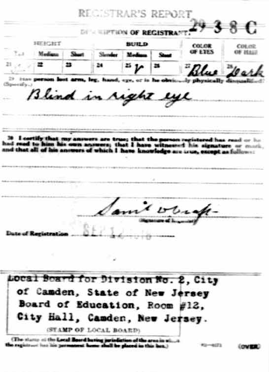 William Howell Tatem WWI draft registration card, back
