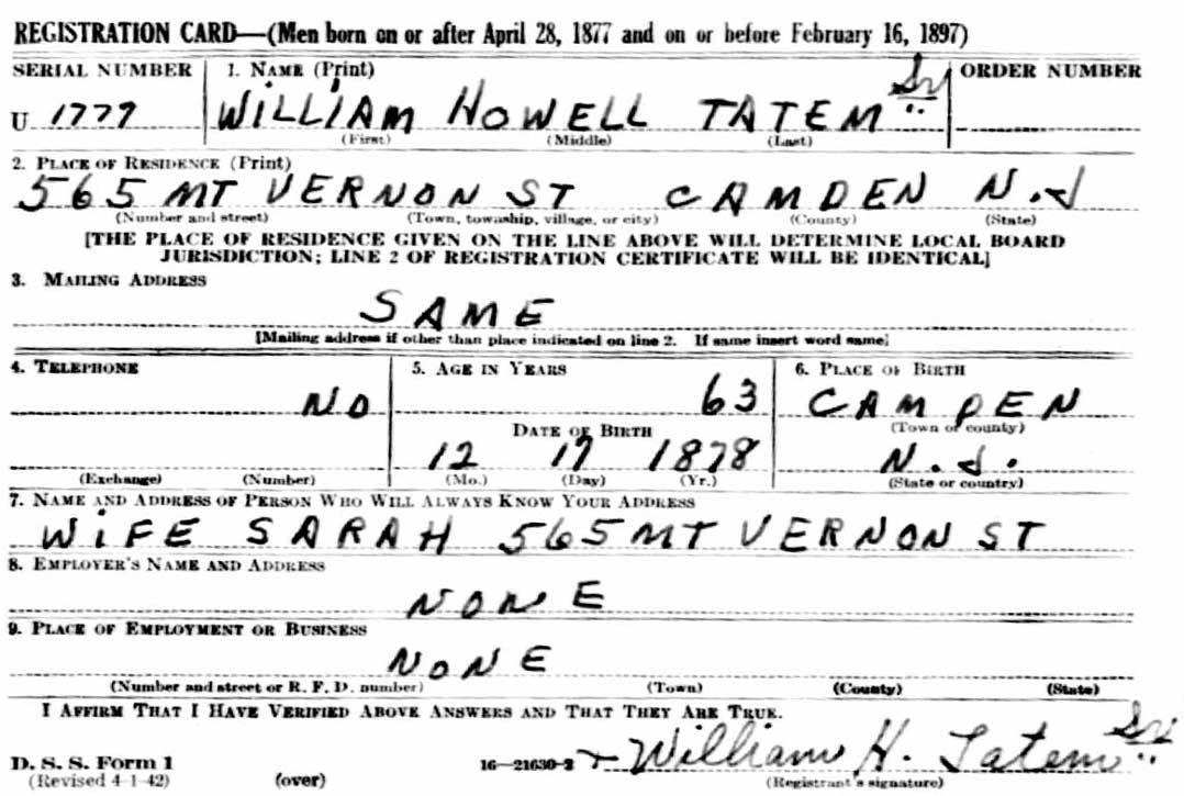 William Howell Tatem WWII draft registration card