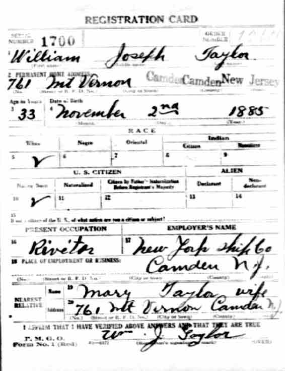 William J. Taylor WWI Draft Registration Card, front