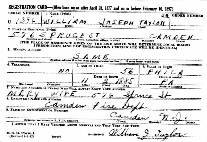 William J. Taylor WWII Draft Registration Card, 1942