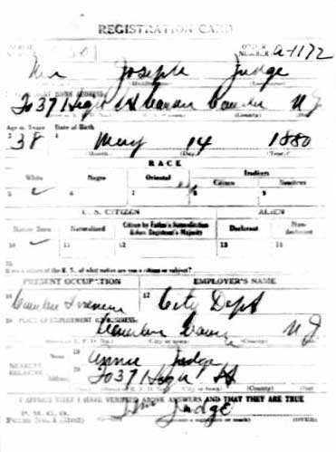 World War I draft registration card for William Joseph Judge, front