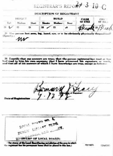 World War I draft registration card for William Joseph Judge, reverse