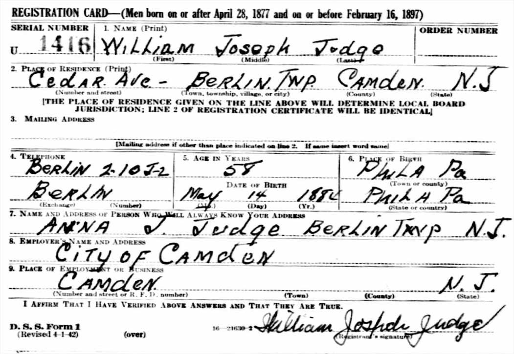 World War II draft registration card for William Joseph Judge