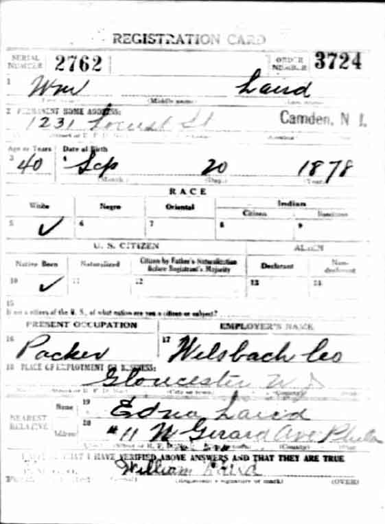 William E. Laird World War I Draft Registration Card, front