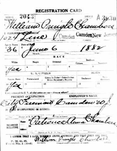 World War I Draft Card for William P. Chambers, front