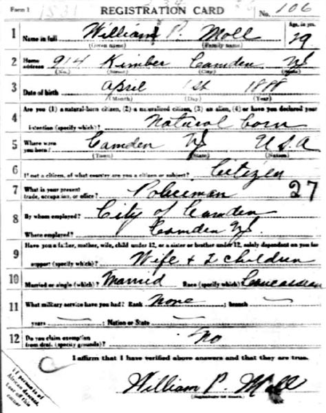 William Philip Moll Sr. — World War I draft card, front