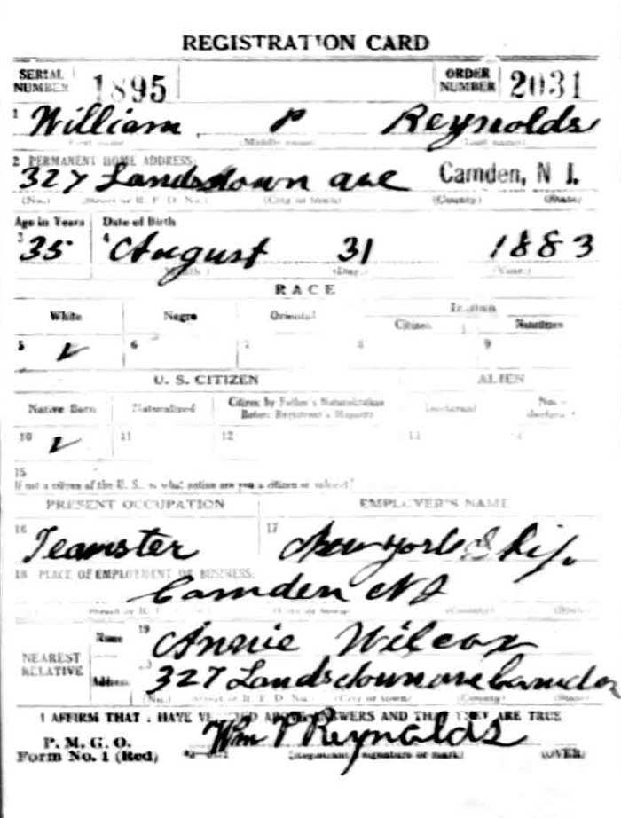 World War I Draft Registration Card for William P. Reynolds — front