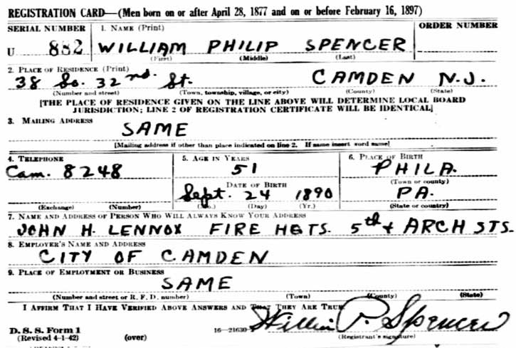 William P. Spencer, World War II draft registration card