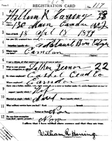 William R. Harring Sr. World War I draft card, front