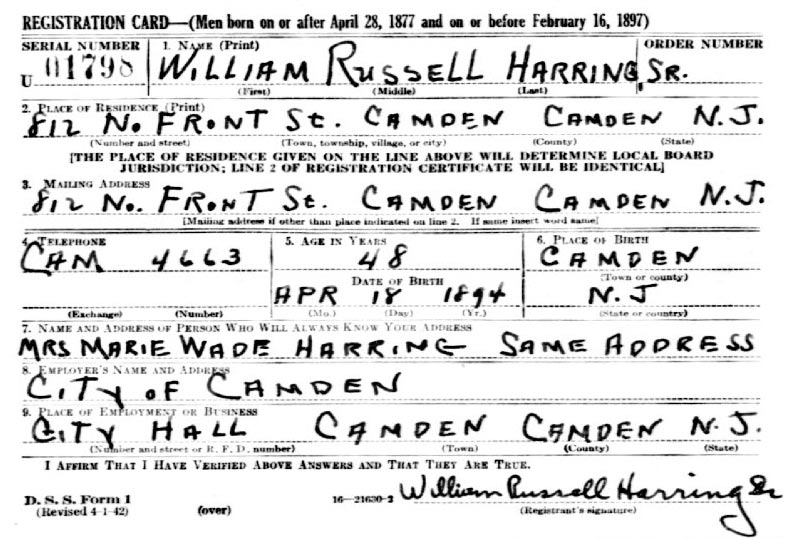 William R. Harring Sr. World War II draft card, Spring 1942