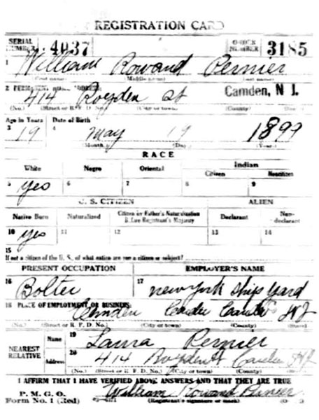 World War I draft registration card for William R. Pernier, front