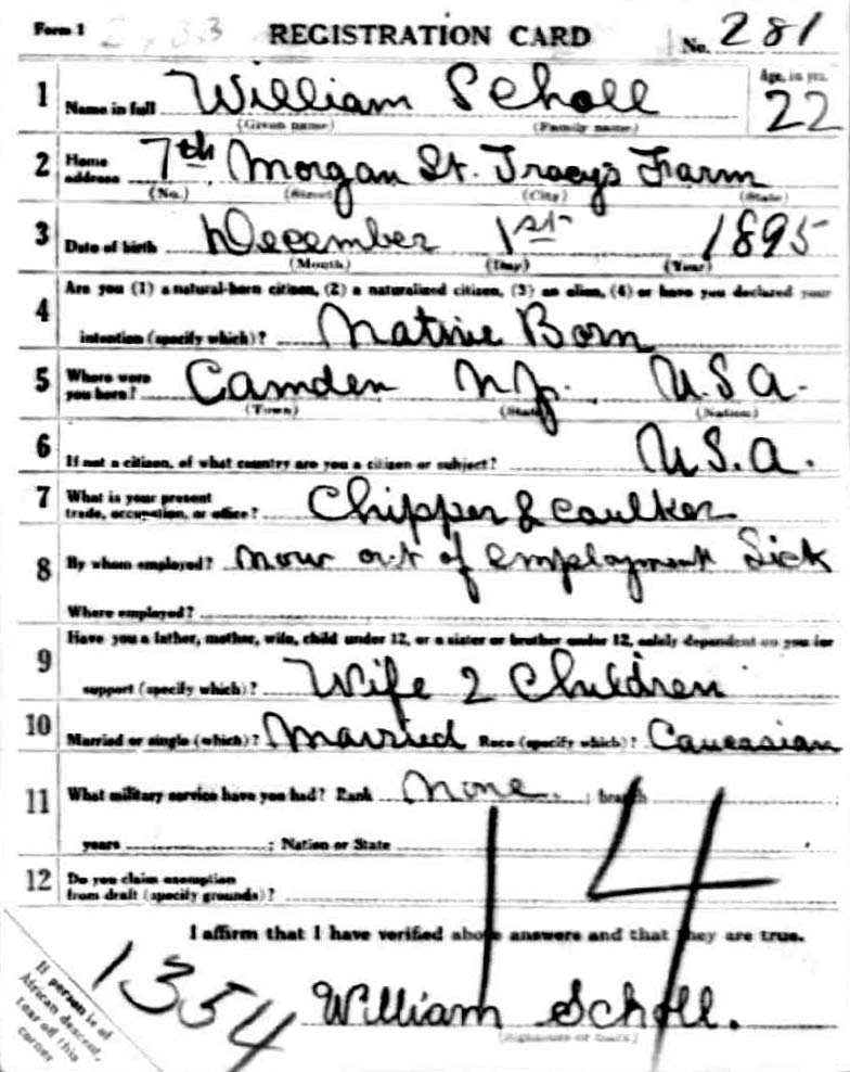 WWI Draft Registration Card — William Scholl, front