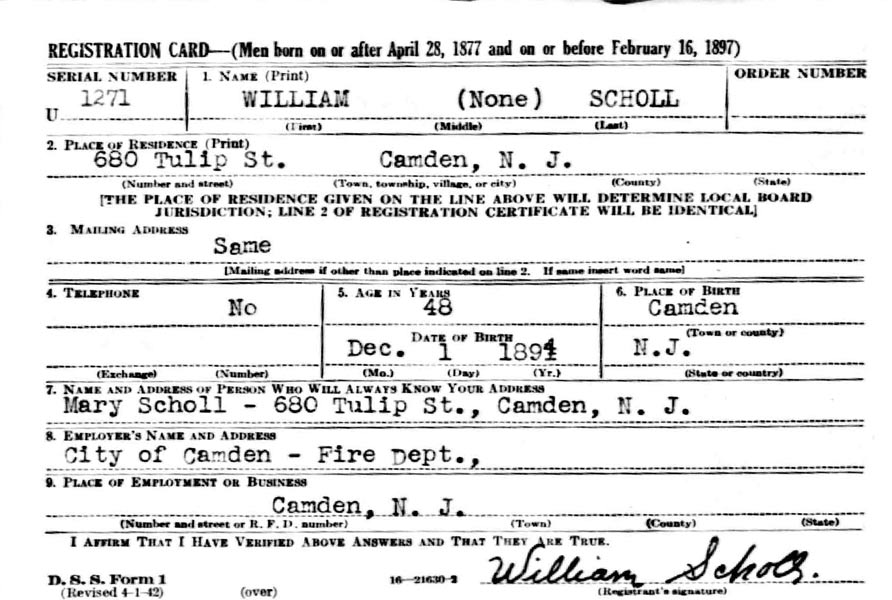 WWII Draft Registration Card — William Scholl