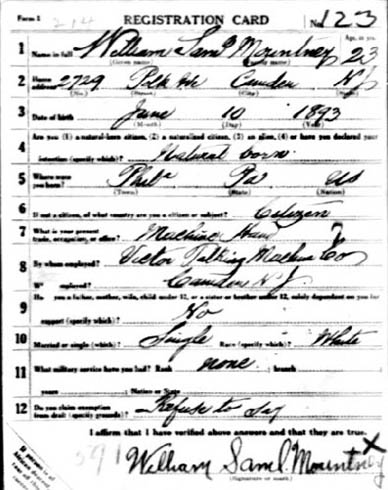 WWI draft registration card for William Samuel Mountney, 1917