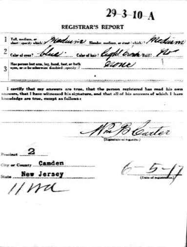 WWI draft registration card — registrar's report for William Samuel Mountney, 1917
