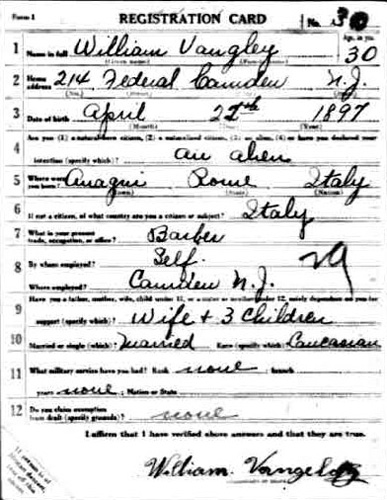 World War I draft card for William Vangeley (Aurelio Evangelisti), front