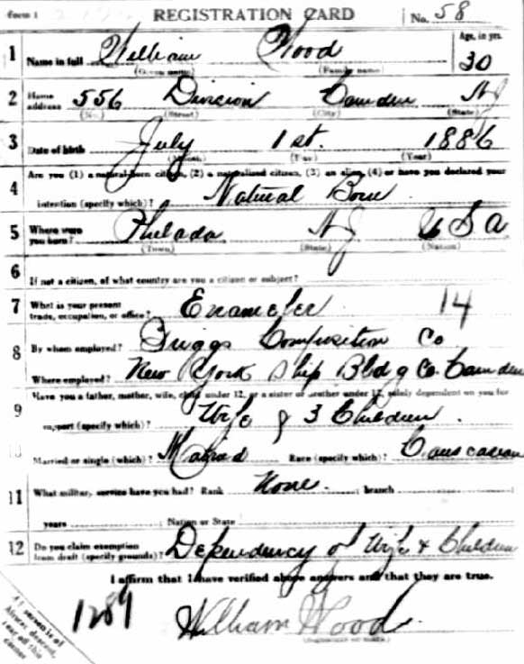 William Wood WWI draft registration card, front