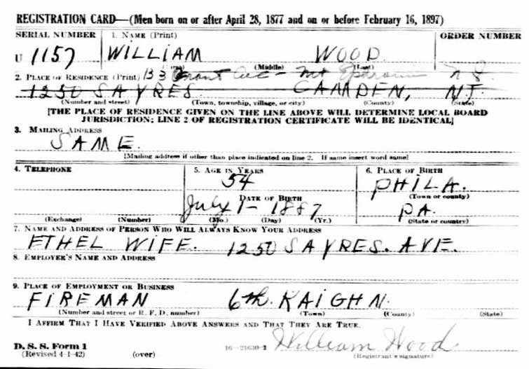 William Wood WWII draft registration card