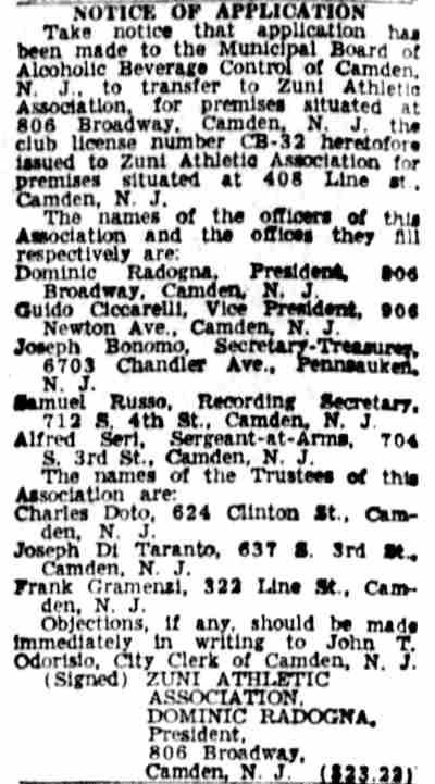 Camden Courier-Post, March 28, 1957 — Notice of Application, Zuni Athletic Association liquor license transfer to 806 Broadway
