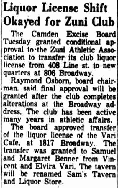 Camden Courier-Post, May 8, 1957 — Liquor License Shift Okayed for Zuni Club