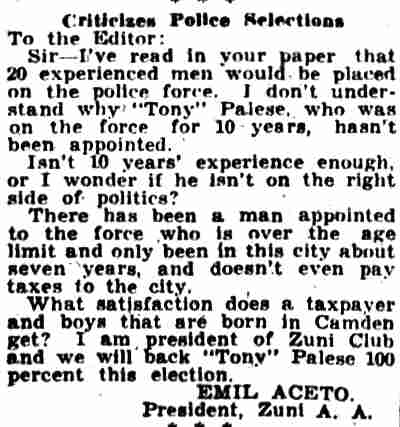 Camden Courier-Post, May 18, 1934 — Criticizes Police Selections, letter from Emil Aceto