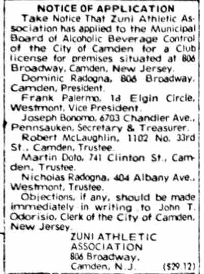 Camden Courier-Post, June 1, 1974 — Notice of Application, Zuni Athletic Association liquor license renewal at 806 Broadway