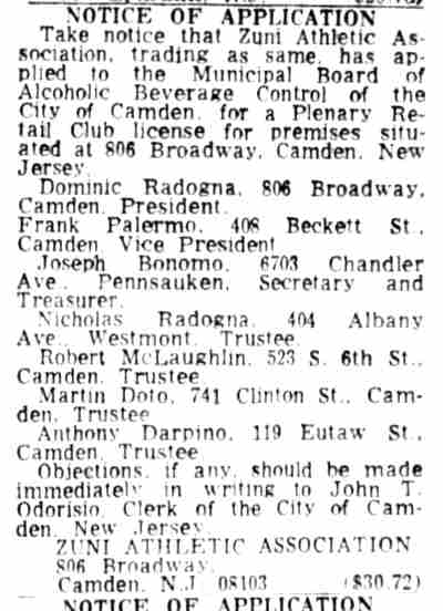 Camden Courier-Post, June 5, 1970 — Notice of Application, Zuni Athletic Association liquor license renewal at 806 Broadway