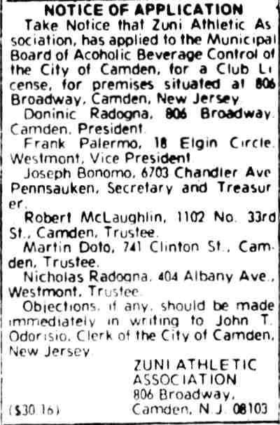 Camden Courier-Post, June 7, 1975 — Notice of Application, Zuni Athletic Association liquor license renewal at 806 Broadway
