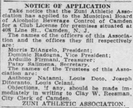 Camden Courier-Post, June 19, 1939 — Zuni Athletic Association Notice of Application