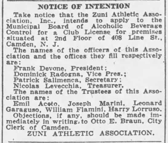Camden Courier-Post, September 2, 1936 — Notice of Intention, Zuni Athletic Association liquor license application