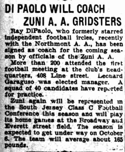 Camden Courier-Post, September 7, 1935 — Di Paolo Will Coach Zuni A.A. Gridsters