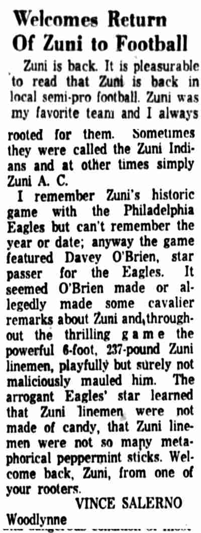 Camden Courier-Post, October 4, 1960 — Welcomes Return of Zuni to Football, letter from Vince Salerno