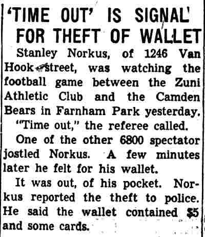 Camden Courier-Post, December 11, 1939 — Time Out Is Signal for Theft of Wallet at Zuni vs. Camden Bears game