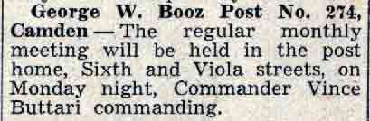 Camden Courier-Post, June 1938 — George W. Booz Post No. 274 monthly meeting notice
