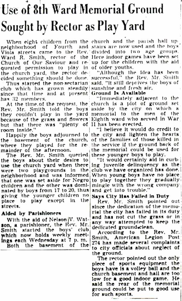Camden Courier-Post, November 6, 1947 — Use of 8th Ward Memorial Ground Sought by Rector as Play Yard